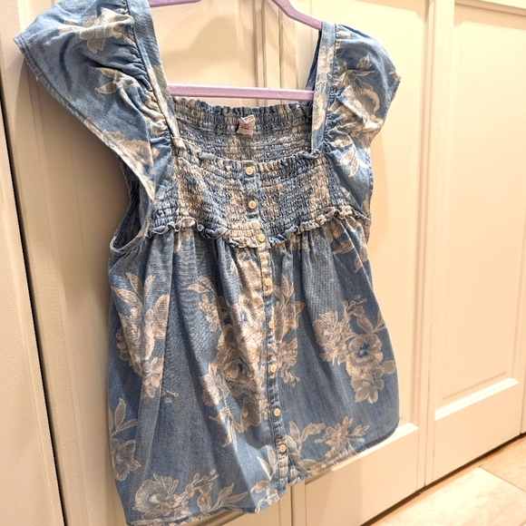 Old Navy chambray cotton top floral Xs Blue White - Picture 2 of 8